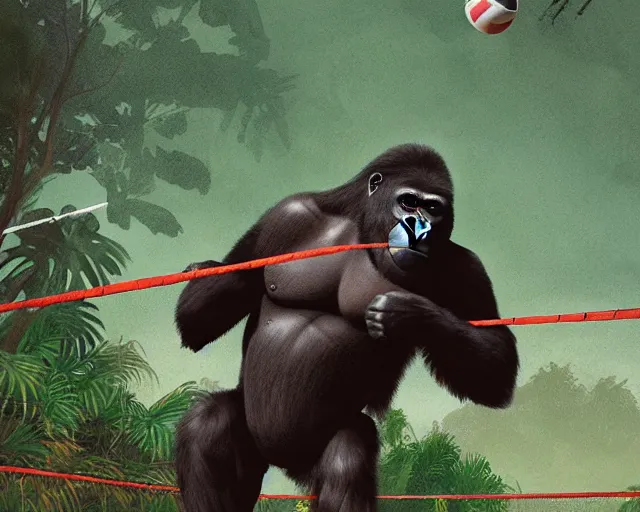 Image similar to a gorilla playing volleyball in a jungle, holding a volleyball, volleyball net, digital art, in the style of greg rutkowski