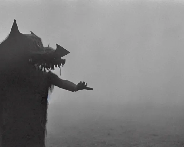 Prompt: A screaming demon anthropomorphic bat human standing in a foggy field. Vintage Associated Press photo.