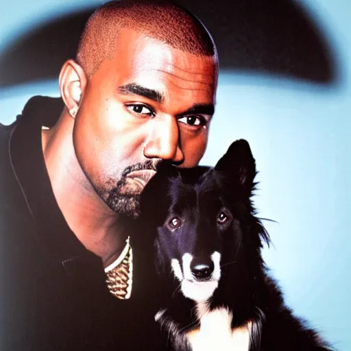 Image similar to Kanye West holding a Border Collie for a 1990s sitcom tv show, Studio Photograph, portrait C 12.0