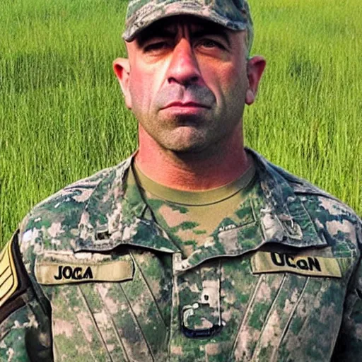 Image similar to “Joe Rogan standing in the middle of a field wearing the US Army uniform with a grumpy look on his face”