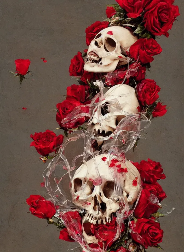 Prompt: transparent woman in a mask of a bird\'s skull with a wreath of roses, dressed in a dress of red boiling liquid wax, from under which the bones of the skeleton are visible, flying around the bird, buds and rose petals, dark background, painted by Caravaggio, Greg rutkowski, Sachin Teng, Thomas Kindkade, Alphonse Mucha, Norman Rockwell, Tom Bagshaw.