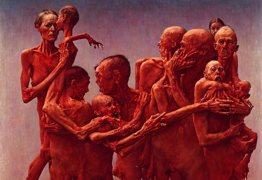 Image similar to A Norman Rockwell painting of a family losing their grip on reality, horror, blood red, cosmic horror, by Zdzisław Beksiński and Norman Rockwell, cinematic, 8k