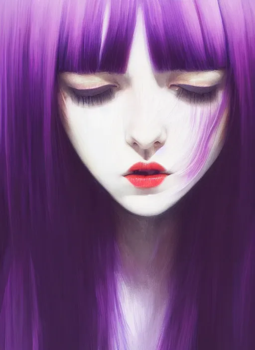 Image similar to hair whitebangs hair, black hair, blackbangswhitehair, portrait of teenage girl with white bangs, red irises, purple clothes, white bangs, bangs are different color from hair, intricate, elegant, glowing lights, highly detailed, digital painting, artstation, concept art, sharp focus, illustration, art by wlop, mars ravelo and greg rutkowski