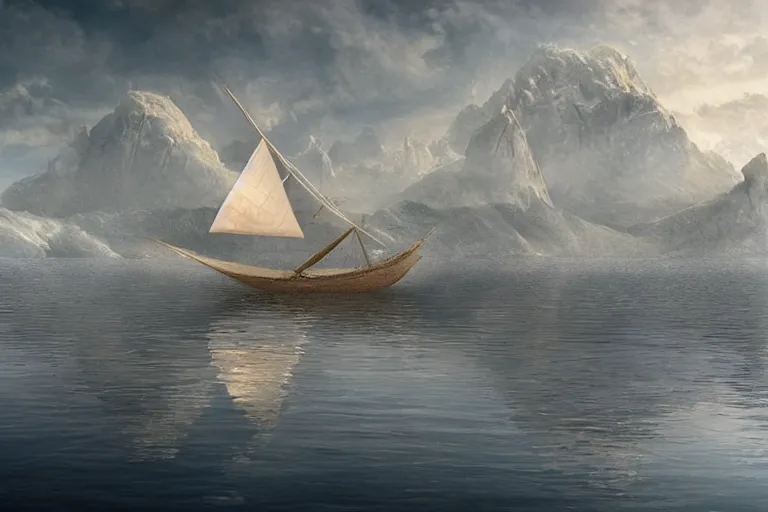 Prompt: sailing boat on a lake of dreams, matte painting, concept art, stunning, ultra sharp focus