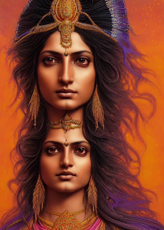 Prompt: Painting of a beautiful indian princess, stunning 3d render inspired art by P. Craig Russell and Barry Windsor-Smith + perfect facial symmetry + dim volumetric lighting, vibrant dark wavy hair, ornate flowing silvered robes, dizzy, full body, 8k octane beautifully detailed render, post-processing, extremely hyperdetailed, intricate, epic composition, grim yet sparkling atmosphere, cinematic lighting + masterpiece, trending on artstation, very very detailed