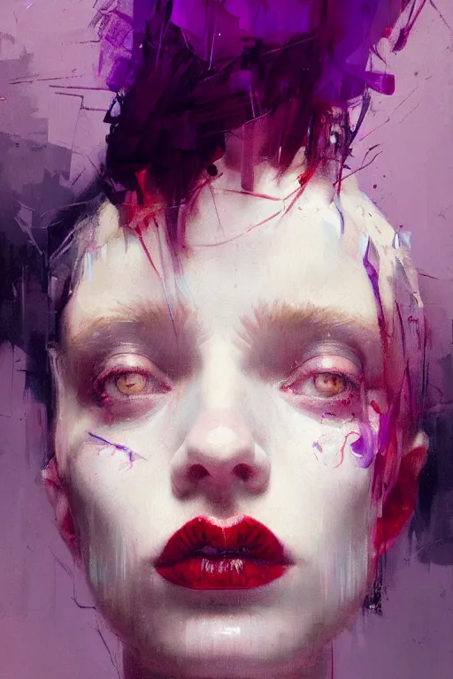 Prompt: portrait of a beautiful albino girl, shades of red and purple, beautiful face, rule of thirds, intricate outfit, spotlight, by greg rutkowski, by jeremy mann, by francoise nielly, by van gogh, digital painting