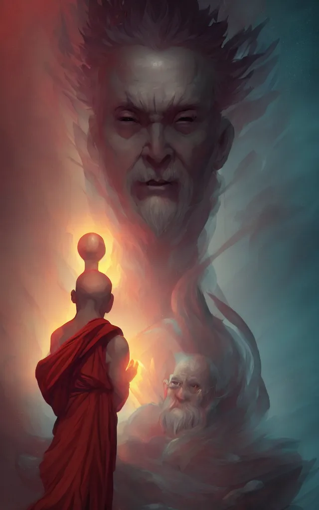 Prompt: Old wise glowing Monk guiding a Lost Soul through a empty dark world with Broken Statues all around, in the Style of Charlie Bowater and Ross Draws, vibrant colors, hard shadows, trending on artstation