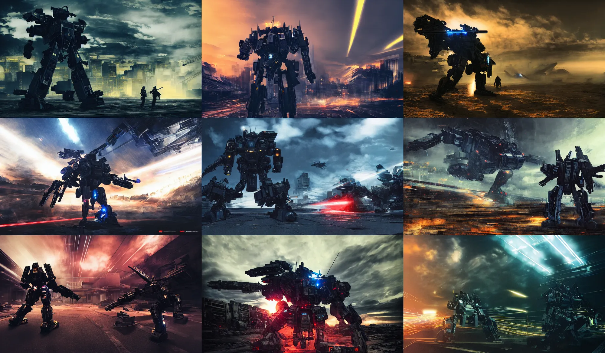 Prompt: armored core v by liam wong, booster flares, legs, laser rifles, karst landscape, ; wide shot, outdoor, dark blue sky, cloud, wilderness ground, golden time, twilight ; digital painting, high contrast, dynamic backlighting, sharp edge, motion blur, photoreal