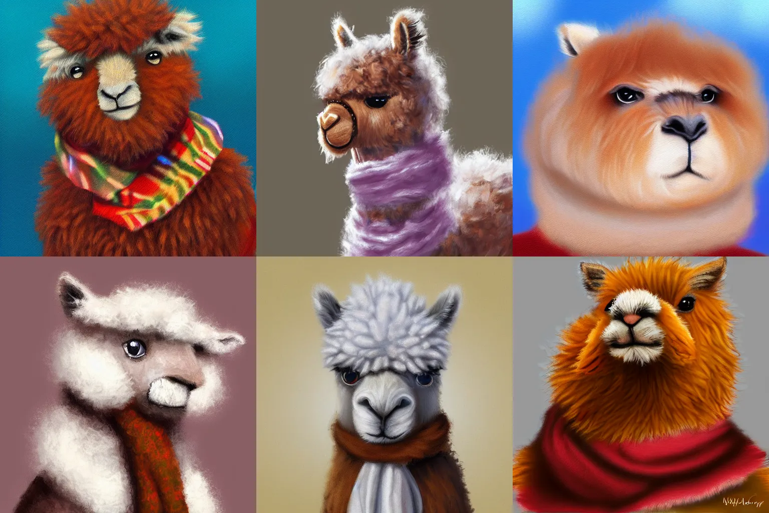 Prompt: digital oil painting of a fluffy alpaca wearing a scarf, trending on ArtStation