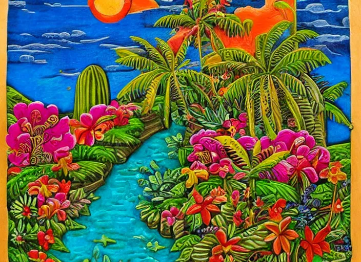 Image similar to colorized stylized bas relief sculpture of a tropical paradise in mexico folk art style