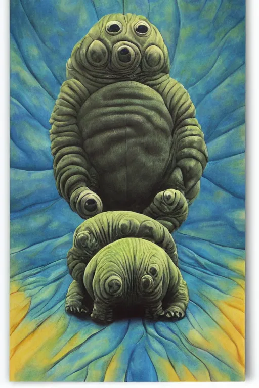 Prompt: giant tardigrade retro japanese monster slimy leather, poster, painting, 7 0 s vintage art, by georgia o keeffe, by gustave dore