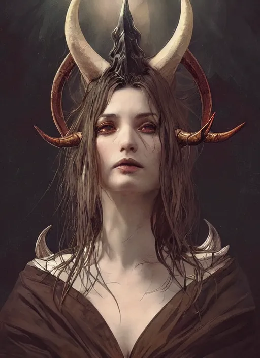 Image similar to a beautiful illustration of a satanic witch with horns in head, intricate, sharp focus, illustration, highly detailed, digital painting, concept art, matte, art by wlop and artgerm and greg rutkowski and alphonse mucha, masterpiece