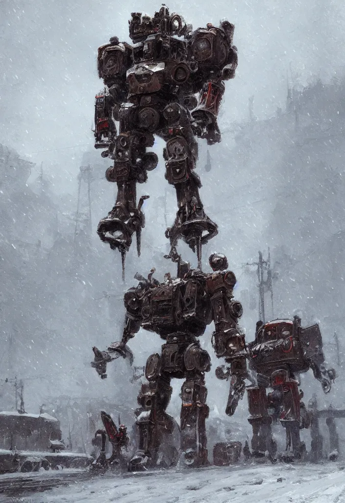 Image similar to a 1914, walking steam rusty mecha in the snow, Rozalski, trending on artstation