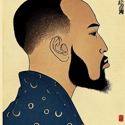 Image similar to RZA rapping, portrait, style of ancient text, hokusai