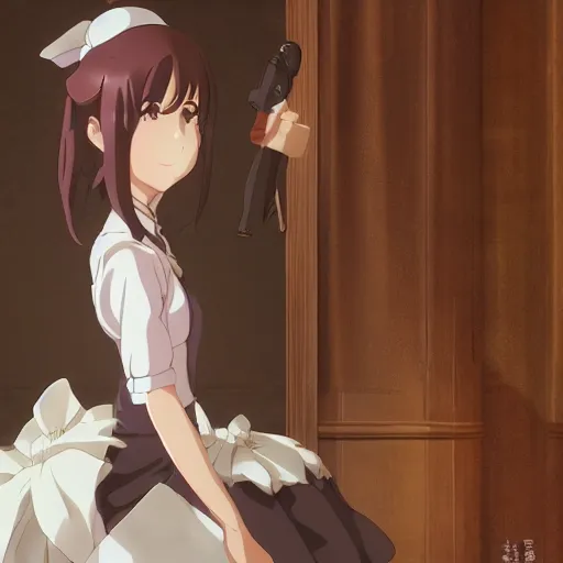 Image similar to a female maid girl winking, makoto shinkai, ghibli, wlop, highly detailed, studio portrait, anime key visual,