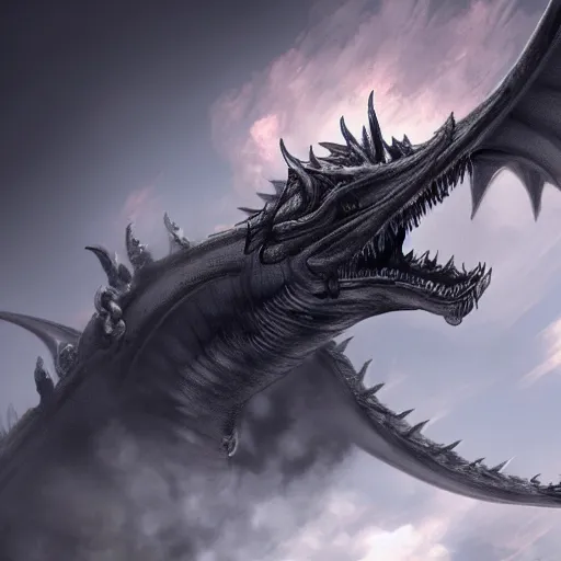 Prompt: highly detailed, 8 k, hd, artstation, stunning digital art of a dragon covered in grey smoke while breathing flames from it's mouth