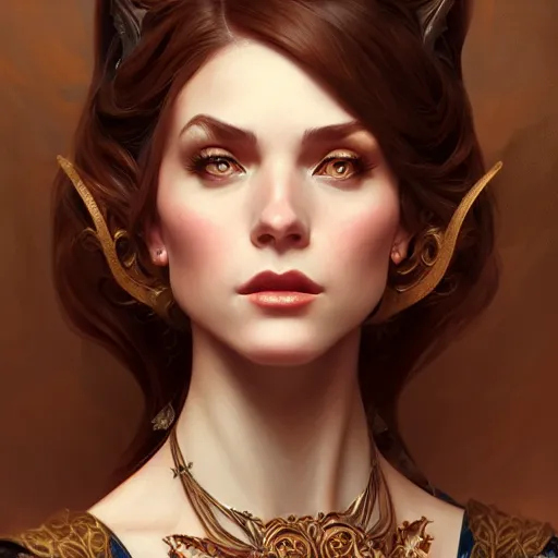 Prompt: aristocrat, female, d & d, fantasy, intricate, elegant, highly detailed, brown hair, digital painting, artstation, octane render, concept art, matte, sharp focus, illustration, hearthstone, art by artgerm, alphonse mucha johannes voss