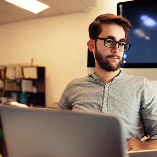 Prompt: “handsome man with brown hair and glasses works on his computer, Pixar Style”
