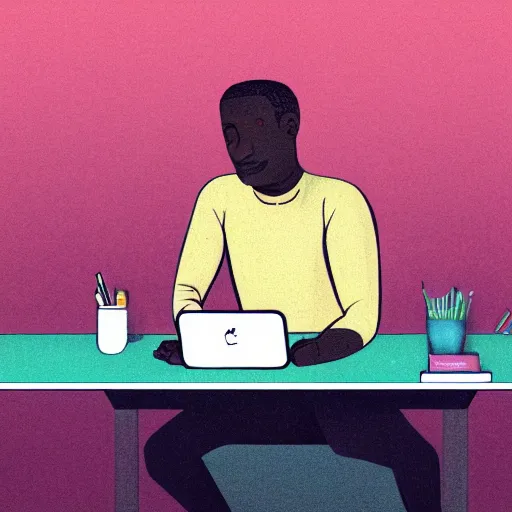 Prompt: fantasy image of lightskinned black man with short hair sitting at a desk, using a macbook, dreamy, pastel, digital illustration, intricate details