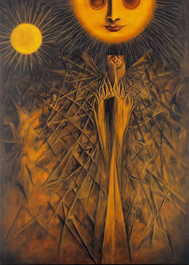 Prompt: the king of the sun, ominous, surreal, dark and poetic, painted on masonite, by remedios varo