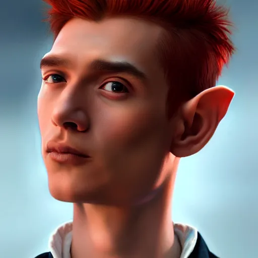 Image similar to portrait of a beautiful nonbinary actor with tan skin and messy short red hair wearing a men's suit, elf ears and copper eyes, by Gerald Brom and Ross Tran, hyper-realistic, dramatic lighting, 4K, trending on artstation