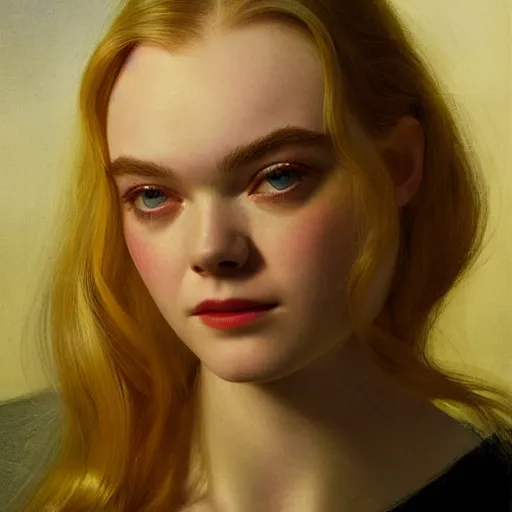 Image similar to Elle Fanning in the style of Paola Vetri, head and shoulders portrait, stormy weather, extremely detailed masterpiece, oil on canvas, low-key neon lighting, artstation, Beyond the Black Rainbow, Roger Deakin’s cinematography, by J. C. Leyendecker and Peter Paul Rubens and Edward Hopper and Michael Sowa,