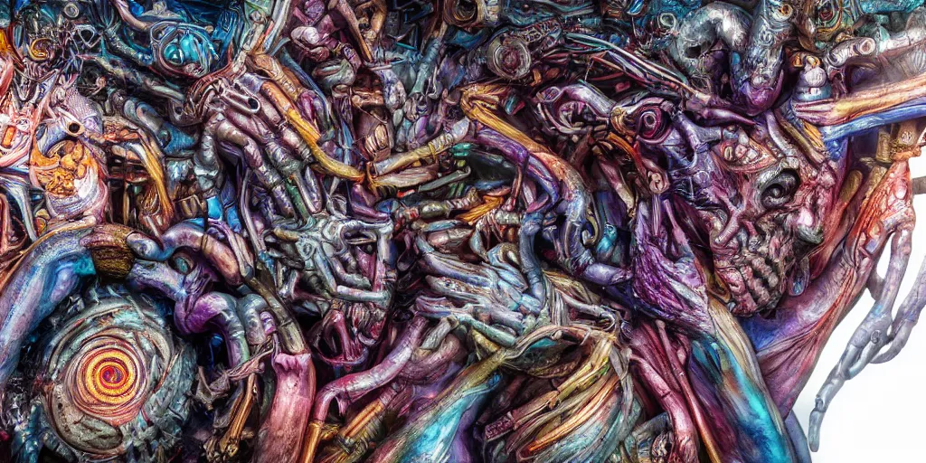 Image similar to dreamscape, giger, vivid colors, colorful, anatomical, highly detailed sculpture, intricate detailed, ommatidia, 8 k, cinematic atmosphere, post - processing