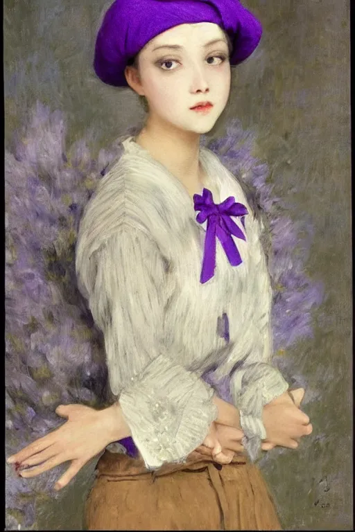 Prompt: A full body image of a beautiful and mysterious mystical girl with short blond hair wearing an oversized purple Beret, Baggy Purple overall shorts, Short Puffy pants made of silk, pointy jester shoes, a big billowy scarf, Golden Ribbon, and white leggings Covered in stars. Short Hair. Sunlit. Fortune teller. Haute Couture. Art by william-adolphe bouguereau and Paul Delaroche and Alexandre Cabanel and Lawrence Alma-Tadema and Johannes Helgeson and WLOP. Smooth. Elegant. Highly Detailed. Intricate. Surrounded by clouds. 4K. UHD. Denoise.