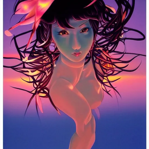 Prompt: colorful illustration of sakura sunset, by hajime sorayama and jake parker