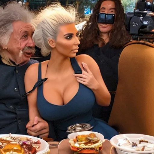 Image similar to paparazzi photo of kim kardashian on a date with einstein, wide angle, fisheye, uhd, 8k, award winning,