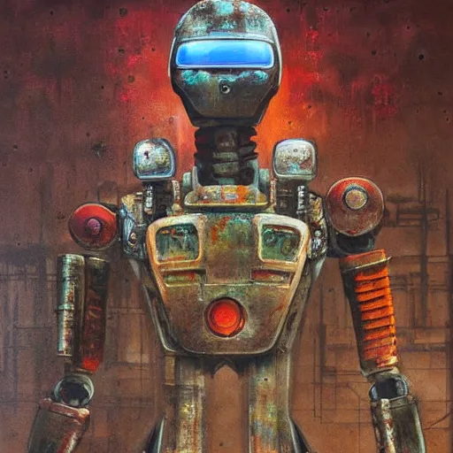 Image similar to rusty and old samurai robot, beksinski and cyberpunk 2 0 7 7 style painting,