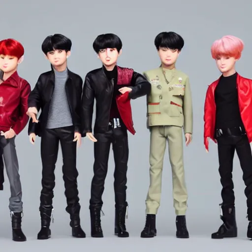 Image similar to bts boy band dolls on stage with screaming kim jong un octane render
