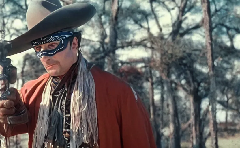 Prompt: screenshot of Tim Robinson the Lone Ranger disguise, 1990s tv show, Walker Texas Ranger cinematography, hyper-detailed, sharp, kodak color, 4k