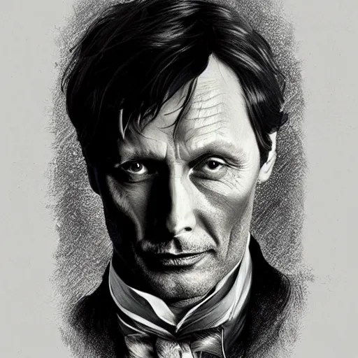 Prompt: portrait of Mads Mikkelsen as Sherlock Holmes, elegant, intricate, headshot, highly detailed, digital painting, artstation, concept art, sharp focus, illustration, art by artgerm and greg rutkowski and alphonse mucha