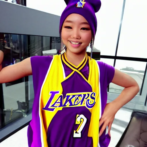 Prompt: yuna from final fantasy x wearing los angeles lakers jersey, final fantasy