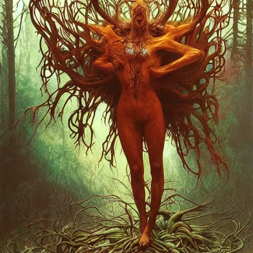 Image similar to forest spirit by zdzisław beksinski, iris van herpen, raymond swanland, craig mullins and alphonse mucha. highly detailed, hyper - real, beautiful