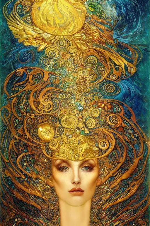 Image similar to Visions of Paradise by Karol Bak, Jean Deville, Gustav Klimt, and Vincent Van Gogh, visionary, otherworldly, fractal structures, ornate gilded medieval icon, third eye, spirals, heavenly spiraling clouds with godrays, airy colors, feathery wings