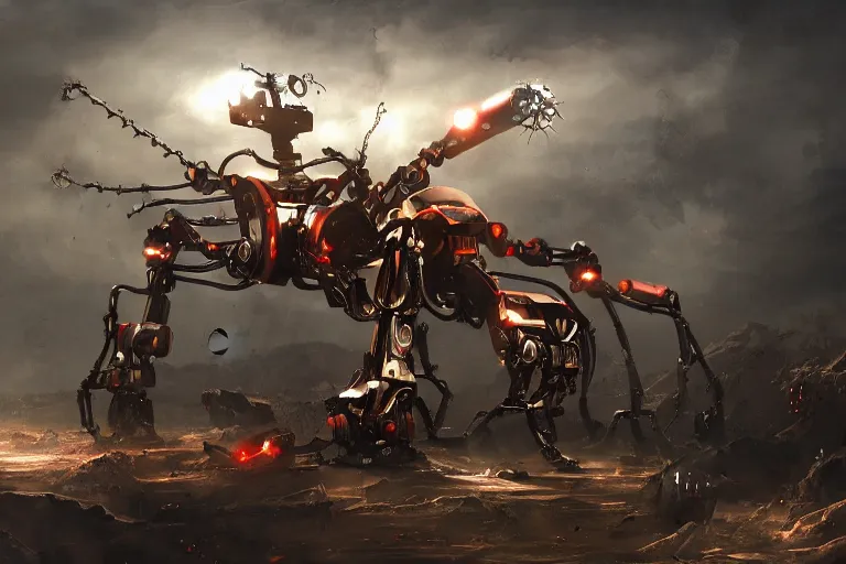 Prompt: apocalyptic a mechanical spider robot with guns digital painting, mixed media, trending on artstation and deviantart, epic composition, highly detailed, 8 k