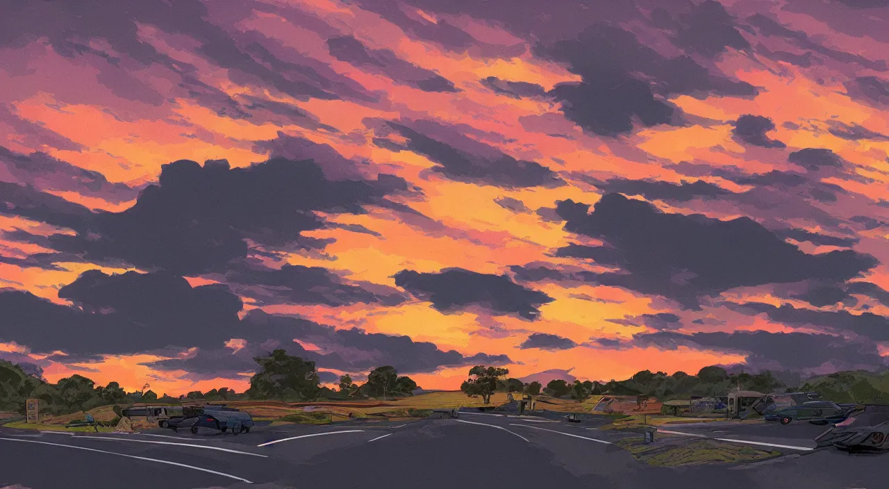 Image similar to rest stop road side south west sunset sky beautiful artstation 4 k breathtaking concept art illustration cartoon by jack kirby