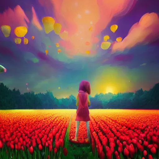 Image similar to tulip face, girl floating in a flower field, surreal photography, sunrise dramatic light, impressionist painting, colorful clouds, digital painting, artstation, simon stalenhag