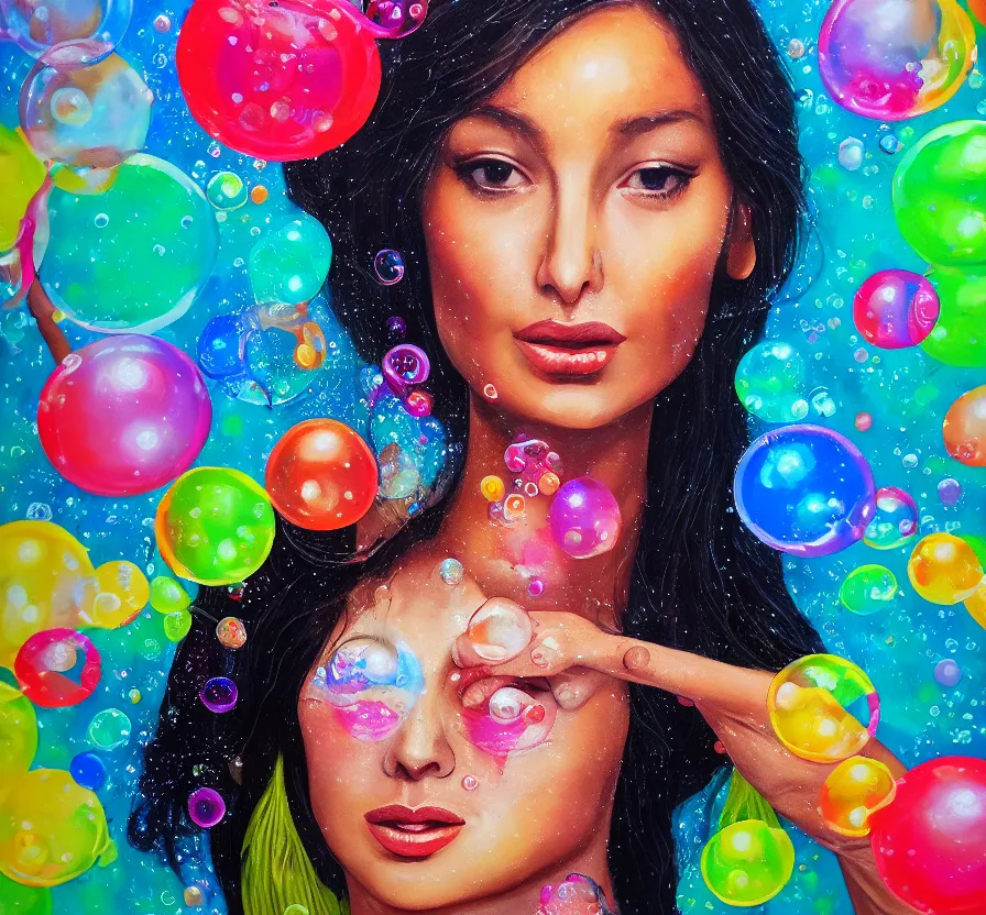 Image similar to beautiful woman, face, bubbles, bubble, watedrops, waterdroplets, acrylicpainting, acrylicpouring, painting, influencer
