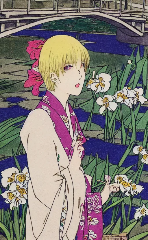 Prompt: by akio watanabe, manga art, a blond girl is looking at wooden lake bridge and iris flowers, visible face, trading card front, kimono, realistic anatomy