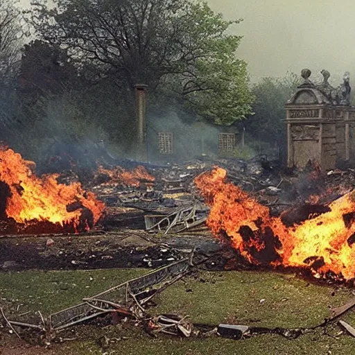 Prompt: an english garden is in flames. there is destruction. folk horror