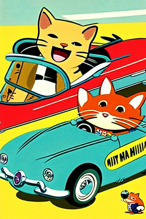 Image similar to by richard scarry. car racer cat. a 1 9 5 0 s retro illustration. studio ghibli. muted colors, detailed