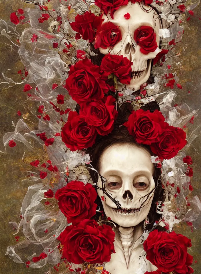 Image similar to transparent woman in a mask of a bird\'s skull with a wreath of roses, dressed in a dress of red boiling liquid wax, from under which the bones of the skeleton are visible, flying around the bird, buds and rose petals, dark background, epic, wide angle painted by Caravaggio, Greg rutkowski, Sachin Teng, Thomas Kindkade, Alphonse Mucha, Norman Rockwell, Tom Bagshaw.