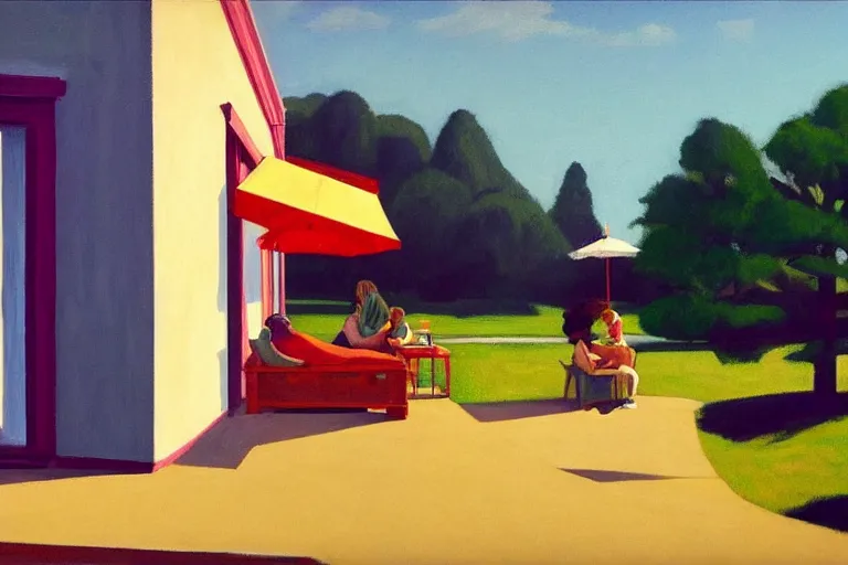 Prompt: twitch streamer is trying to take sunbath, picture in style of Edward Hopper,