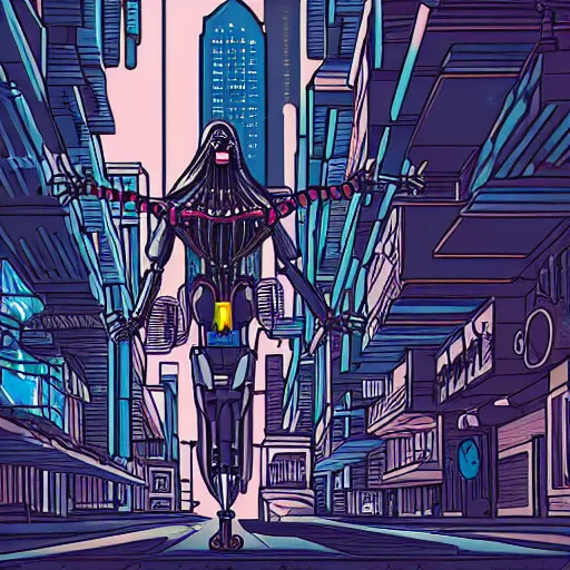 Image similar to detailed illustration of jesus with robotic spider legs in a cyberpunk city