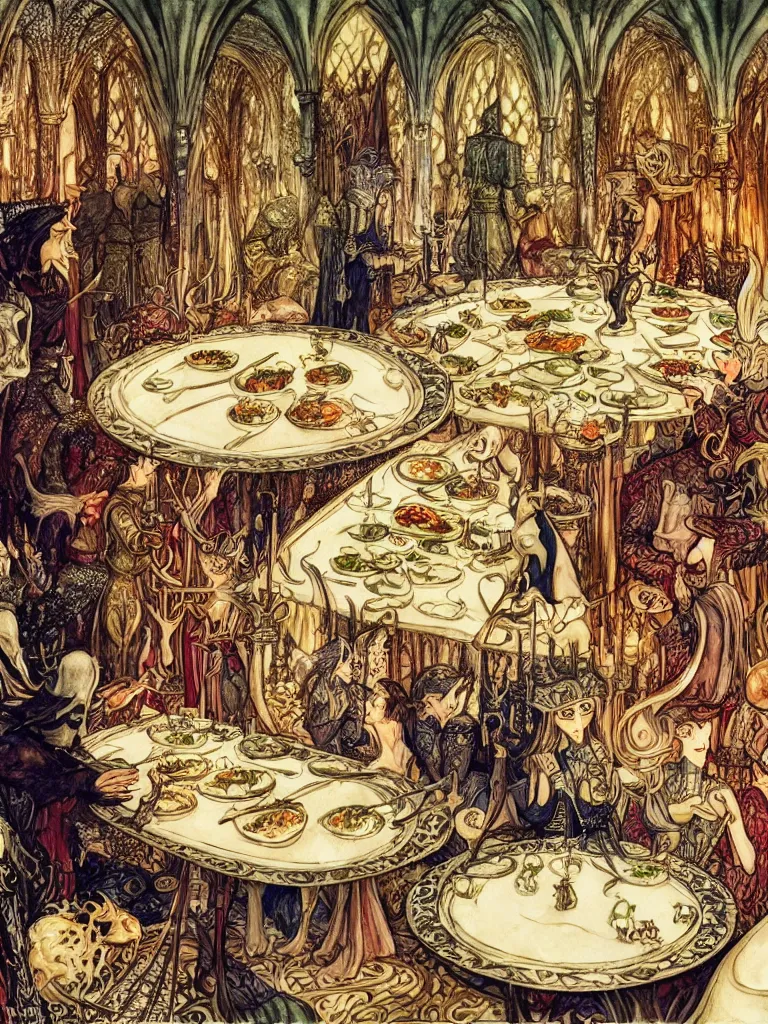 Image similar to medieval feast on platter, warm lighting, fantasy, intricate, elegant, highly detailed, digital painting, artstation, concept art, matte, sharp focus, illustration, art by kay nielsen and walter crane, illustration style, watercolor