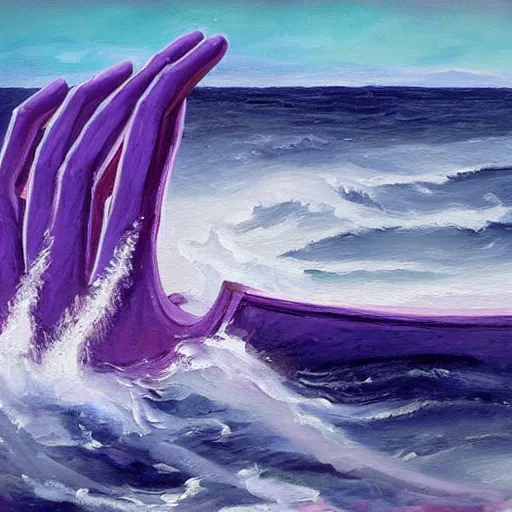 Image similar to an oil painting of a giant purple hand, coming out of the ocean, holding a viking ship