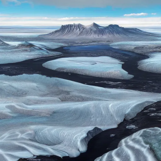 Image similar to a beautiful hyper realistic detailled matte painting of icelandic landscape with icy plains in the foreground and mountains in the background, barometric projection, by andreas rocha john howe, and albert bierstadt and alena, aerial view, view from above, unreal engine, trending on artstation, barometric projection, rectilinear, f 8